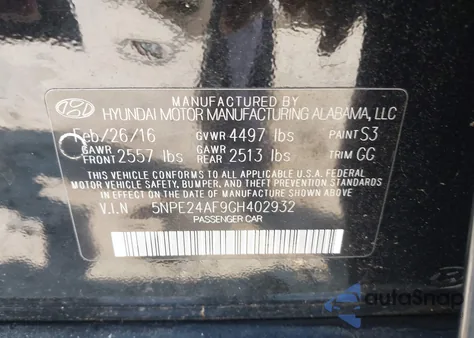 2016 Hyundai Sonata Se from USA, damaged, VIN 5NPE24AF9GH402932
